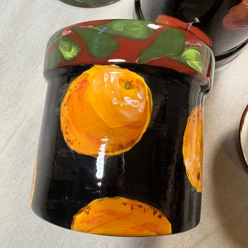 Droll Designs Hand Painted Ceramic Fruit Canister Set 3pc Cottage core Dark